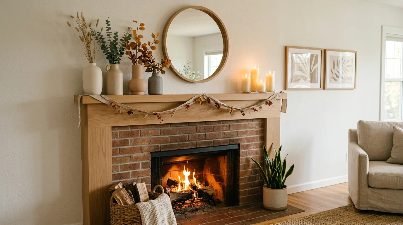 Use candles to create a softer fireside glow inspiration for a fall mantel display.